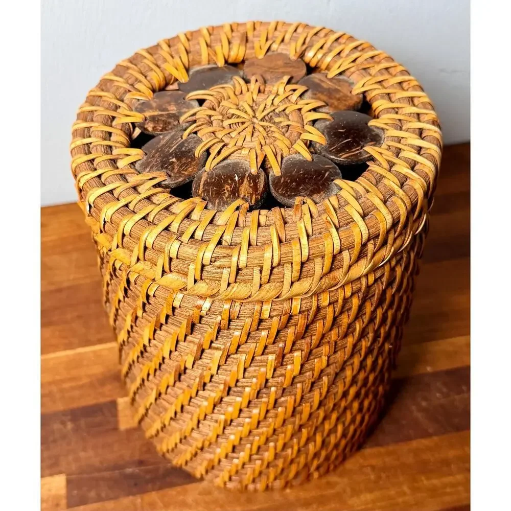 1970s Vintage Philippines Rattan Lidded Basket Coconut Shell Floral Lid Boho